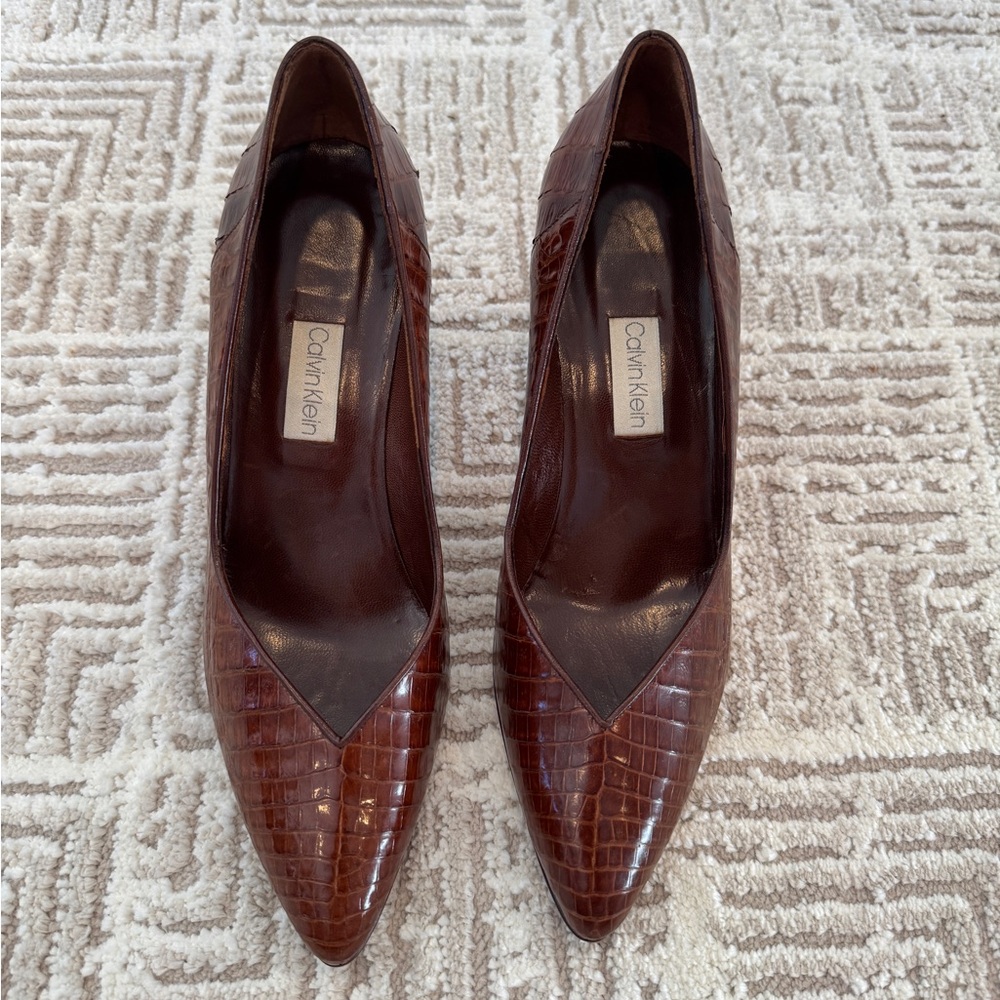 CALVIN KLEIN Brown crocodile‎ leather heels Size 8M